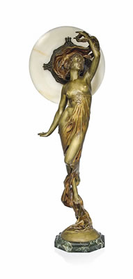 ART NOUVEAU FIGURAL BRONZE AND ALABASTER TABLE LAMP