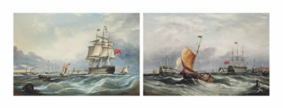 A three-decker calling for a pilot at the entrance to Portsmouth Harbour, with a paddle steamer and other shipping beyond; and Fishermen on a blustery day with prison hulks and a three-decker lying at anchor in Portsmouth Harbour (2)