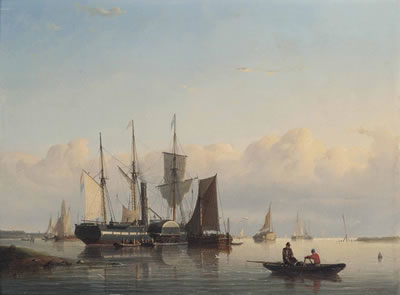 A paddle steamer lying offshore and embarking her passengers prior to sailing