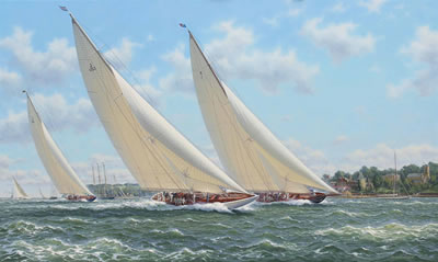 Yankee, Britannia and Endeavour racing in the Solent off the Royal Yacht Squadron, Cowes in the summer of 1935