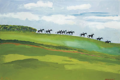 Sample artwork by Elie Lambert (Born 1949), known for folks art image equine painting scenes, horse, riders and racing - View similar artists and auction records