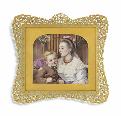 A mother and child in an interior with flowers and an organ