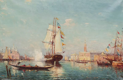 Vessels on the grand canal, St Mark's Campanile beyond