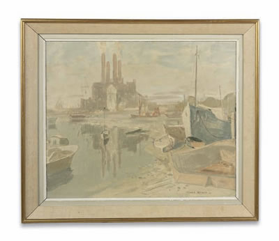 Battersea power station from across the river by Thomas Stuart Milner - Auction record, sale price, and art valuation. Compare with similar artists and explore comparable artworks.
