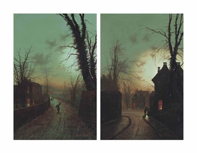 "A Moonlit Street with a Peasant Carrying Firewood" and "Moonlit Scene with a Couple Conversing on a Street Corner"