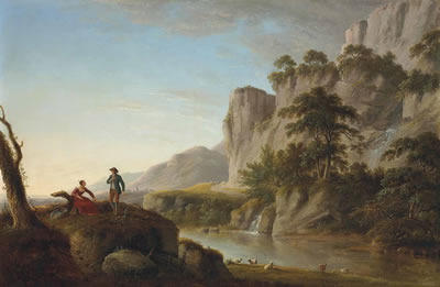 A pastoral river landscape with an elegant couple conversing