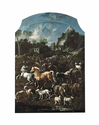 The animals of Noah's Ark in a landscape with ruins and palm trees, the Ark atop a mountain beyond