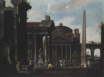 An architectural capriccio of the Pantheon and other buildings, with figures making a sacrifice to a goddess, figures conversing and dancing amongst the ruins beyond