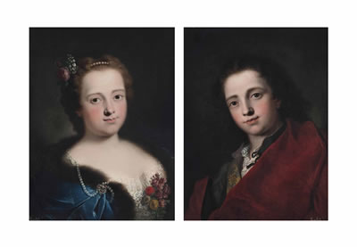 Portrait of a lady, bust-length, in a white embroidered dress and blue, fur-lined cape; and Portrait of a gentleman, bust-length, in a grey doublet and red cloak (a pair)
