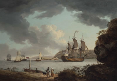 A flagship of the White entering the Hamoaze and approaching Plymouth Dock with Drake’s Island off her port quarter by John Thomas Serres - Auction record, sale price, and art valuation. Compare with similar artists and explore comparable artworks.