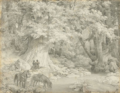 Two travellers in prayer at a shrine in a wooded river landscape