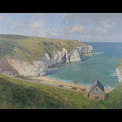 North Landing with fishing boats and figures on the beach and a boat house in the foreground