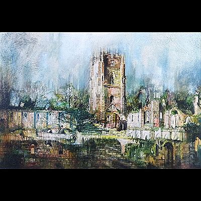 Fountains Abbey landscape scene with a central church tower surrounded by derelict buildings