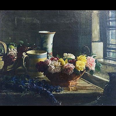 "Spring Flowers", still life study of a bowl of roses with other flowers and vases on a table by Frederick William Elwell - Auction record, sale price, and art valuation. Compare with similar artists and explore comparable artworks.