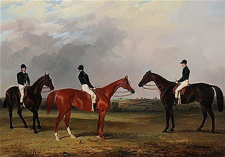 A chestnut and two bay racehorses belonging to John Bowes with jockeys up
