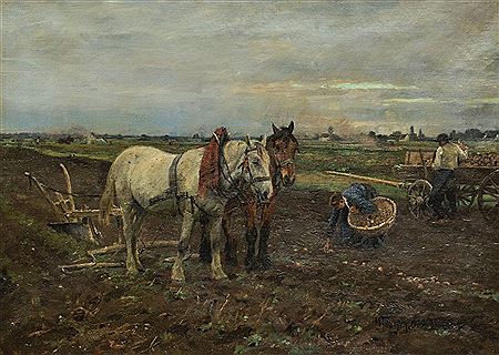 Pair of horses resting from ploughing, with a farmer and his wife beyond by Max Joseph Pitzner - Auction record, sale price, and art valuation. Compare with similar artists and explore comparable artworks.