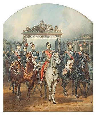 Le roi Louis-Philippe et ses fils sortant du château de Versailles, le 10 juin 1837