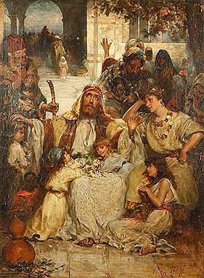 An old testament scene with a prophet or leader surrounded by children and others, before a temple