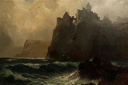A view of a cliff top castle above rough seas and misty skies by James H C Millar - Auction record, sale price, and art valuation. Compare with similar artists and explore comparable artworks.