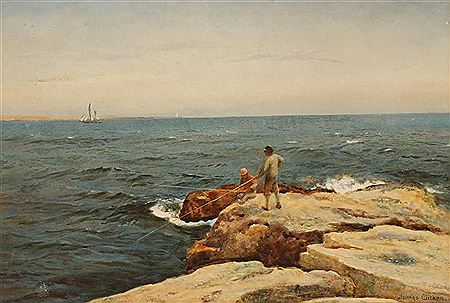 Two gentlemen on a rock face with fishing rods and a yacht on the horizon, and the companion scene of the same two men receiving a fishing boat with catch (2) by James Aitken - Auction record, sale price, and art valuation. Compare with similar artists and explore comparable artworks.