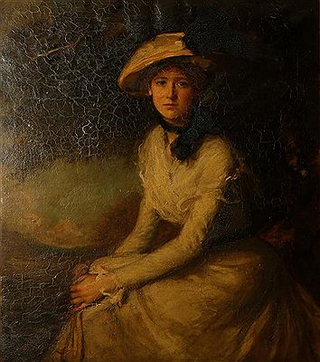 A portrait of a seated lady wearing a bonnet