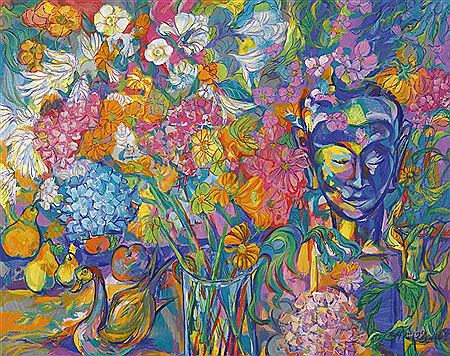 Komposition mit Blumen und asiatischer Büste