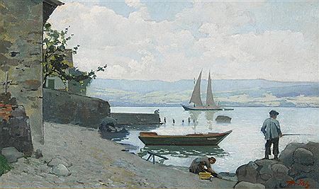Uferpartie bei Nernier mit Wäscherin und Angler