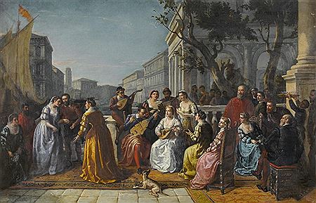 Hochzeitsszene in Venedig mit feiner Gesellschaft