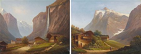 1. Lauterbrunnental mit dem Staubbachfällen. 2. Grindelwald mit Wetterhorn. (pair)