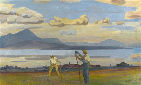 Sommerliche Seeuferpartie mit Feldarbeitern by Abraham Hermanjat - Auction record, sale price, and art valuation. Compare with similar artists and explore comparable artworks.
