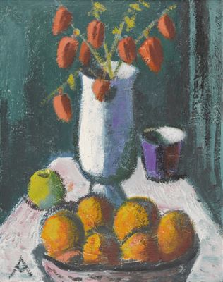 Stillleben mit Lampionblumen und Obst
