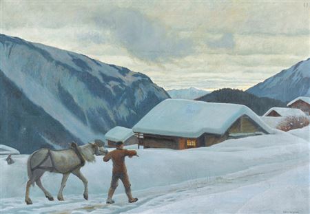Winterlicher Sonnenaufgang im Gebirge mit Bauer und Pferd