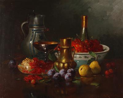 "Stillleben mit Krug, Früchten und Flasche"