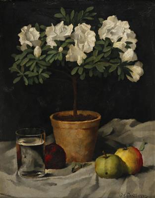 "Stillleben mit Blumenstock, Früchten und Glas"