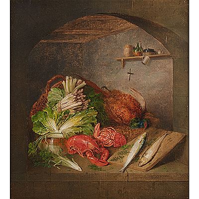 Kitchen Still Life with Asparagus, Poultry and Lobsters, 1828