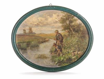 7 Bilder: "Zwei Fischer am Ufer", "Gnome u. verzauberte Gans" und verschiedene "Jagdmotive" (z. B. Fuchs mit Beute)