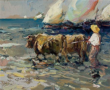 Hombre con bueyes en la playa
