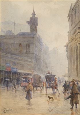 Corner of Lambton Quay & Customhouse Quay, Wellington by Charles Nathaniel Worsley - Auction record, sale price, and art valuation. Compare with similar artists and explore comparable artworks.