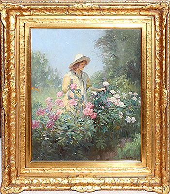 Depicting a lady wearing a straw hat and tending to flowers