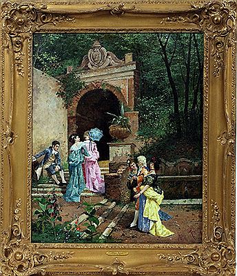 Four ladies and two gentleman strolling through a classical architectural landscape