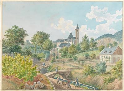 A view of Sievering with the parish church St. Severin and Kaasgraben