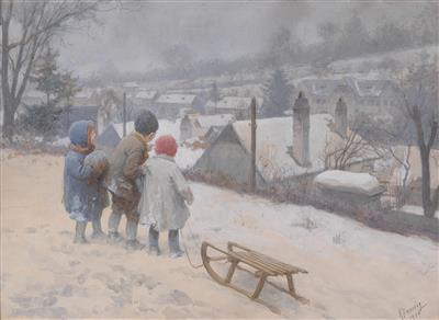 A winter day: the edge of a village with children sledging