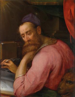 Saint Jerome in his study, translating the Bible in the presence of the lion