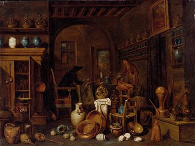 Kitchen interior with female figure; Interior with writing figure (The Pharmacist)