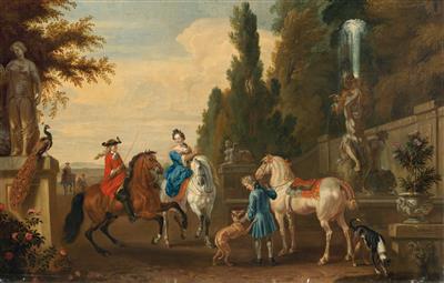 Hunting party resting by a well