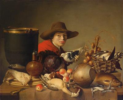 Hunting still life with shot wildfowl and figural staffage