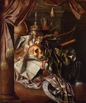 Vanitas still life with a skull, a bow and quiver, a globe, a silver tray and a magnificent vessel
