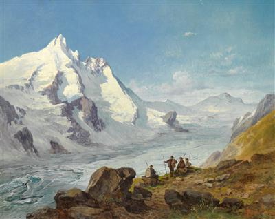 Group of Mountain Climbers Beside the Pasterze Glacier, at the foot of the Großglockner, the Johannisberg in the background