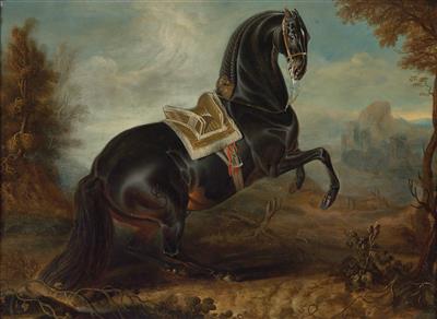 A landscape with a black horse in the levade