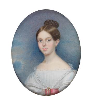 A portrait of a young woman with her plait pinned up, seated against a cloudy background by Franz Xaver Fahrlander - Auction record, sale price, and art valuation. Compare with similar artists and explore comparable artworks.